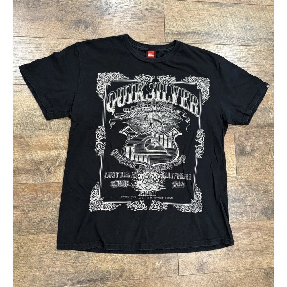 Vintage Y2k Quiksilver Big Metallic Graphic Tee Large Black Grunge Surfwear